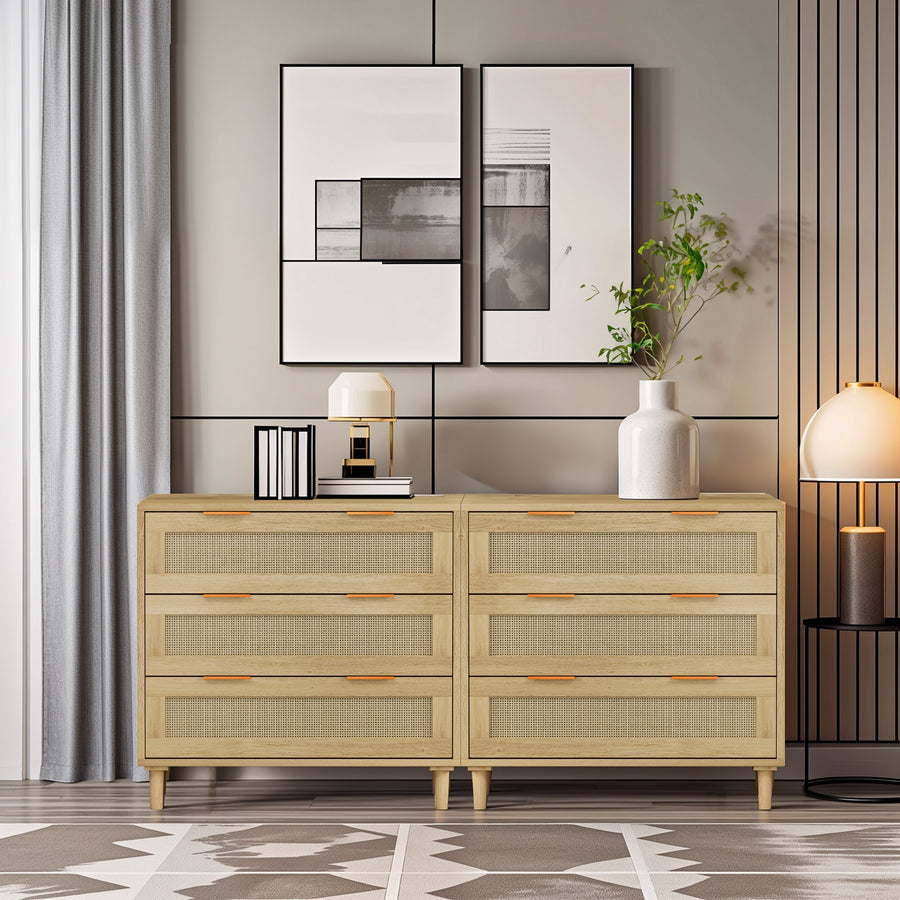 Clyde Mid-Century Modern 3-Drawer Cabinets in Natural with Rattan Drawers (Set of 2)