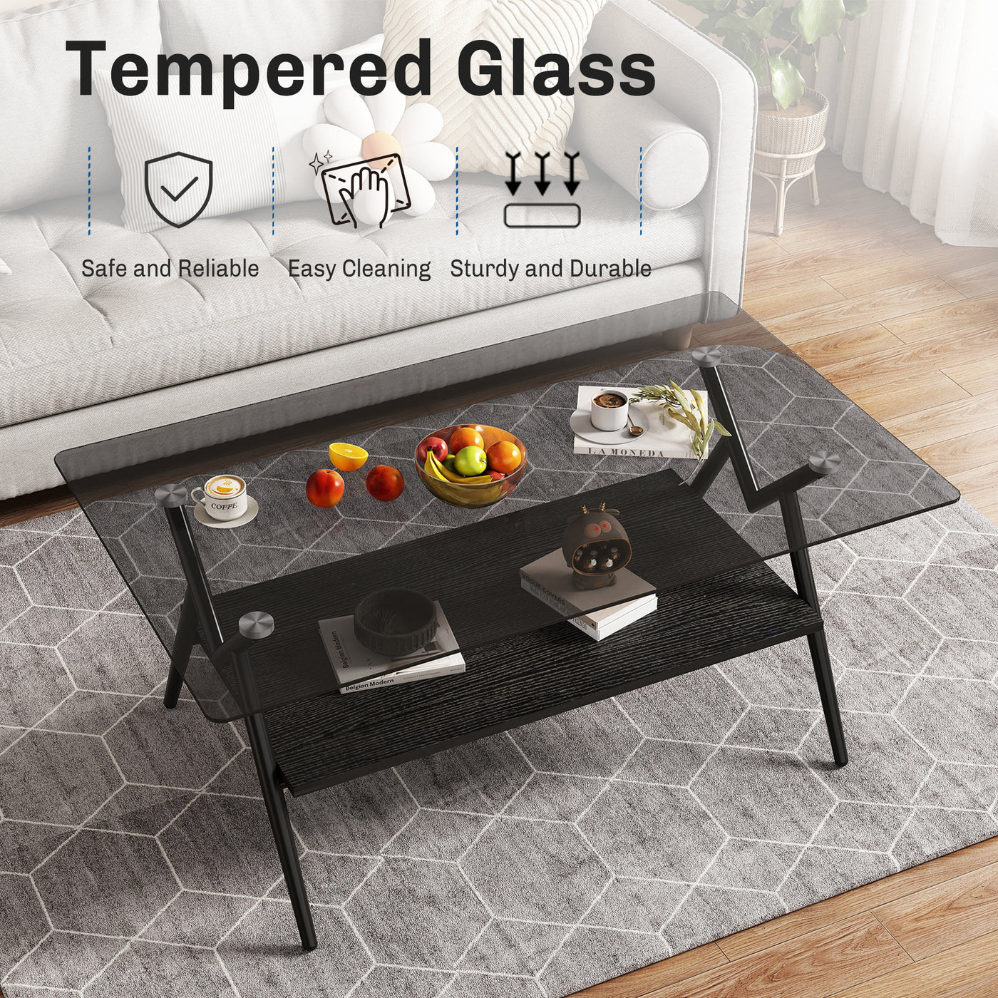 Waylon Modern Gray Glass Top Coffee Table, Black