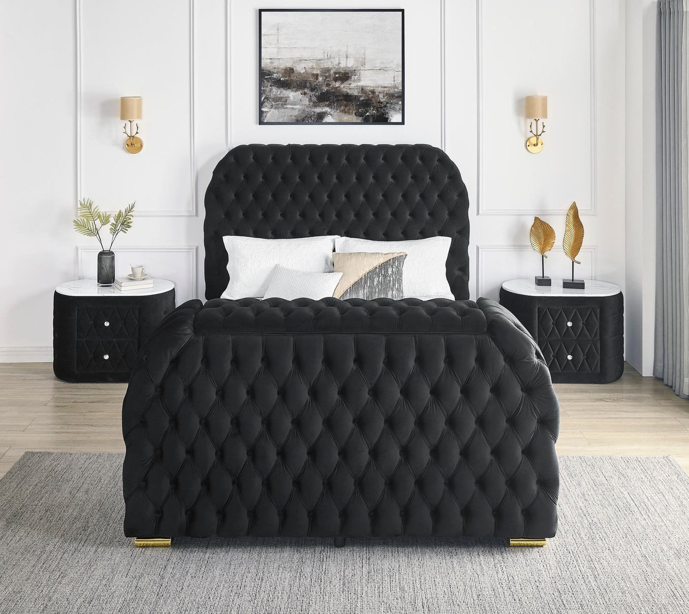 Sharron Modern Oval Faux Marble Top Upholstered Nightstand, Black