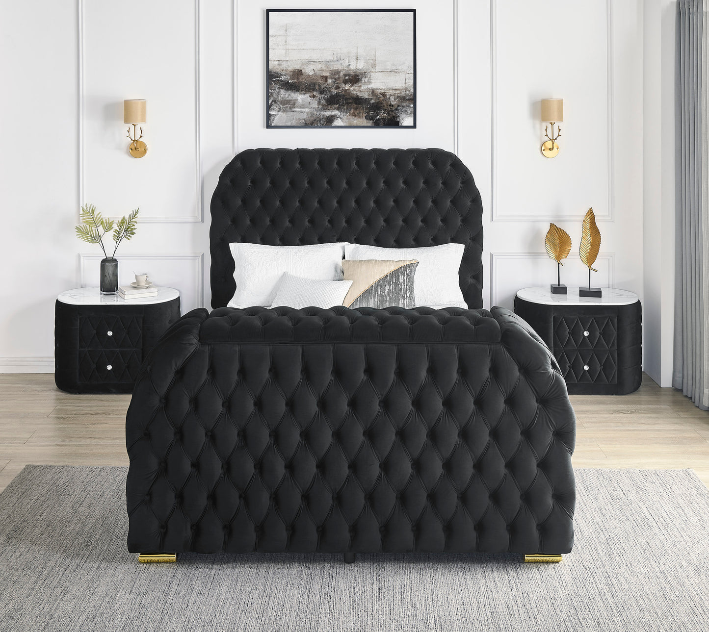 Sharron Modern Oval Faux Marble Top Upholstered Nightstand, Black