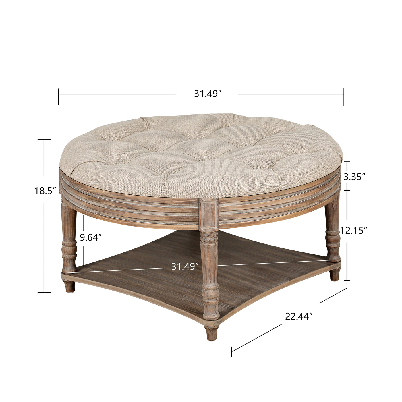 Hartford Large Round 2-Tier Ottoman Coffee Table with Tufted Linen Top