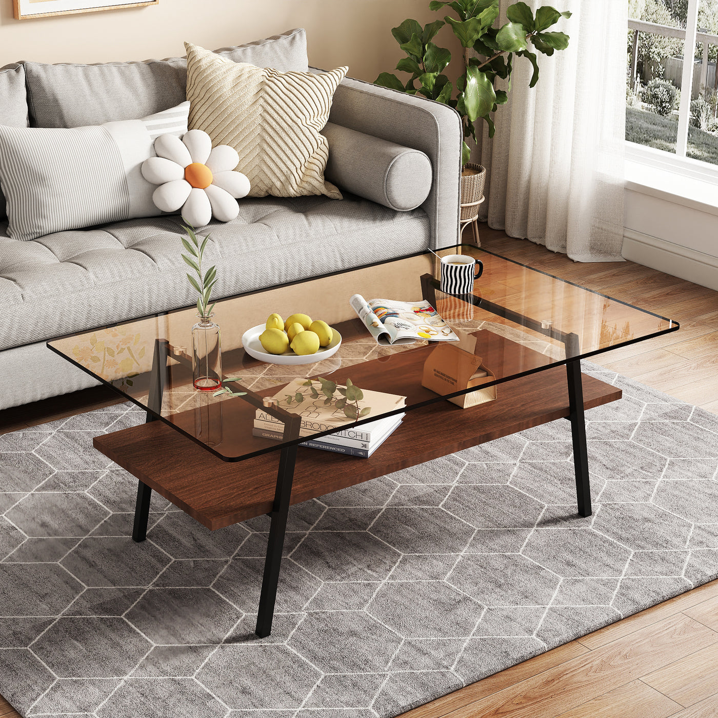 Penn Modern Brown Glass Top Coffee Table with Lower Shelf