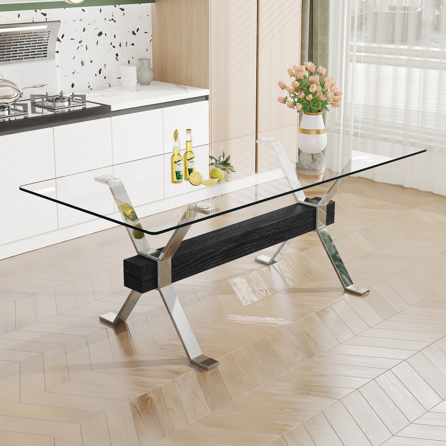 Oversher Modern Tempered Glass Dining Table with Crossbar & Silver Legs
