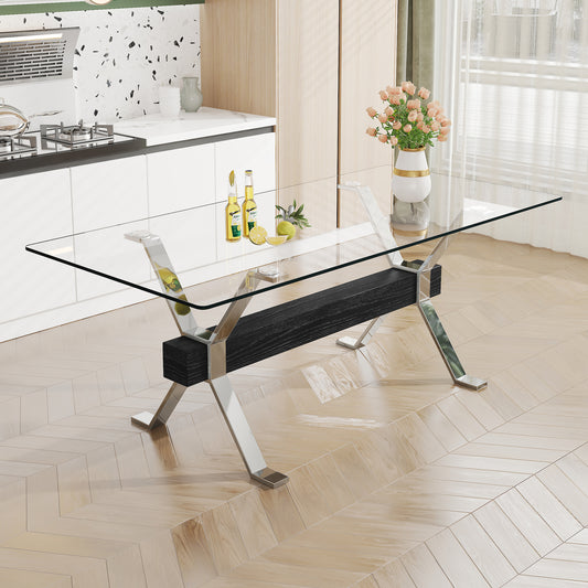 Oversher Modern Tempered Glass Dining Table with Crossbar & Silver Legs