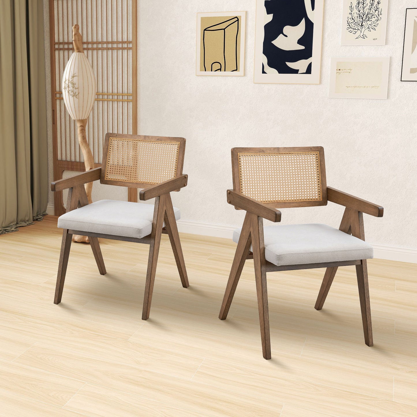 Marlowe Mid-Century Modern Rattan Back Arm Chairs (Set of 2), Oak