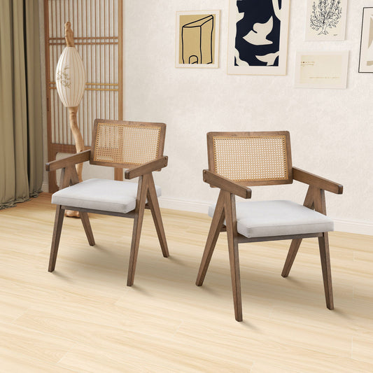Marlowe Mid-Century Modern Rattan Back Arm Chairs (Set of 2), Oak
