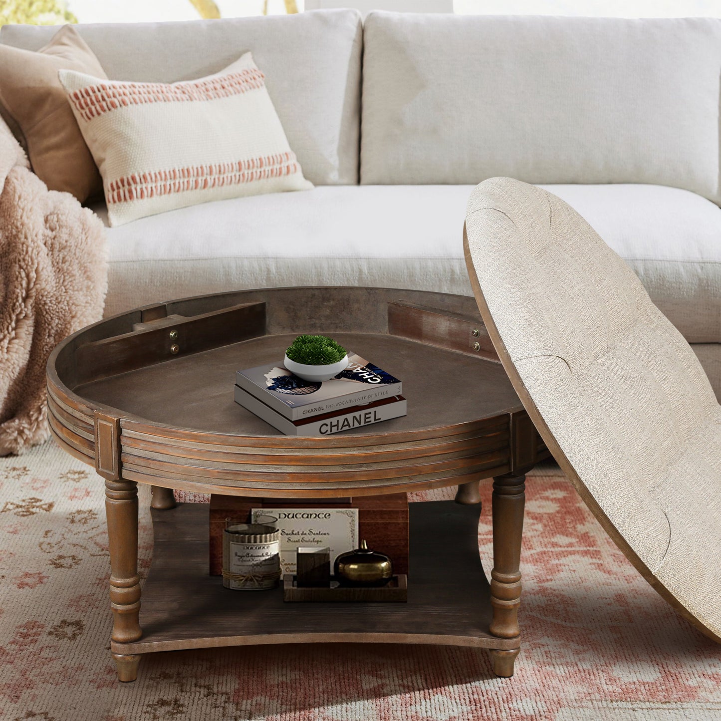 Hartford Large Round 2-Tier Ottoman Coffee Table with Tufted Linen Top