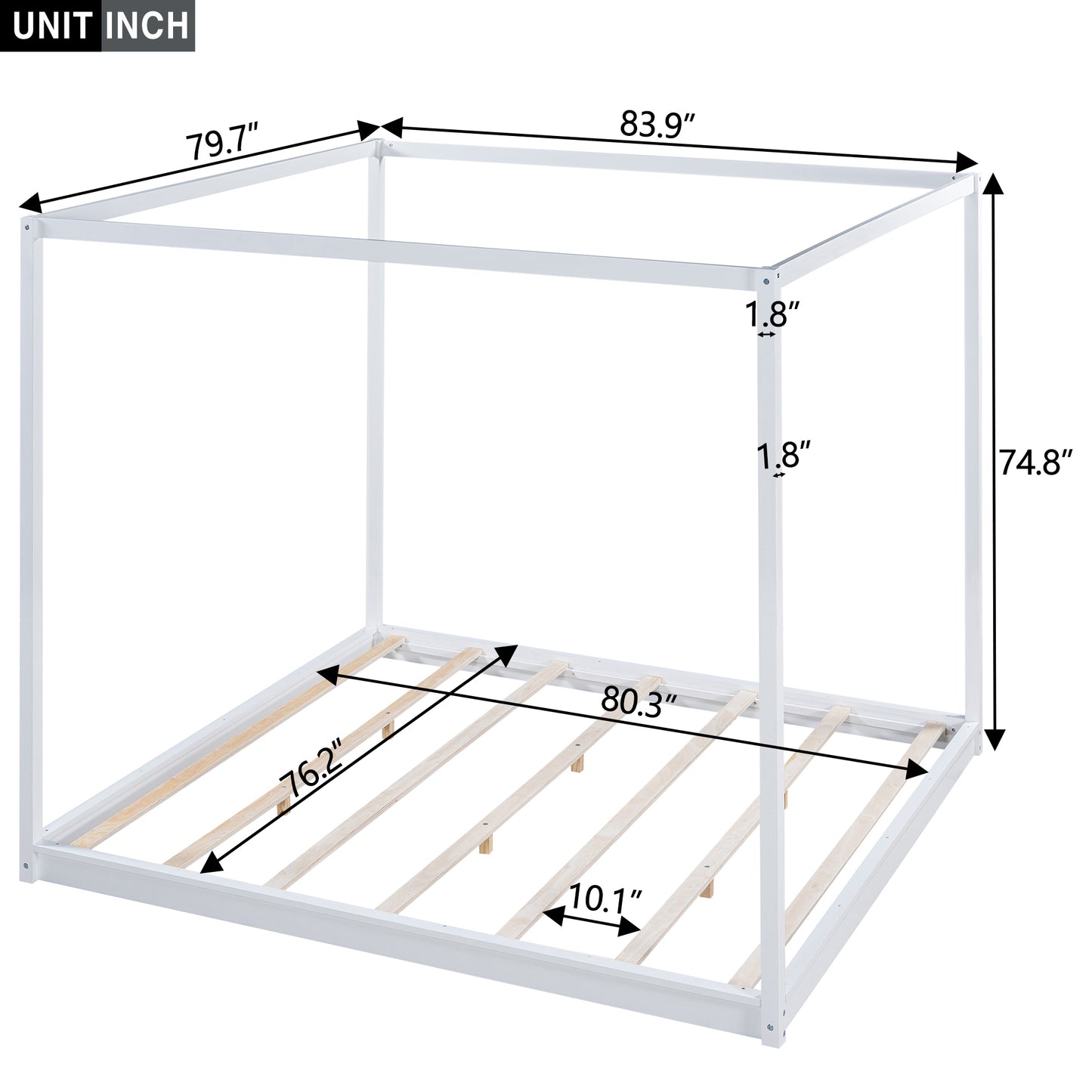 Beatrix King Size Canopy Platform Bed with Support Legs, White