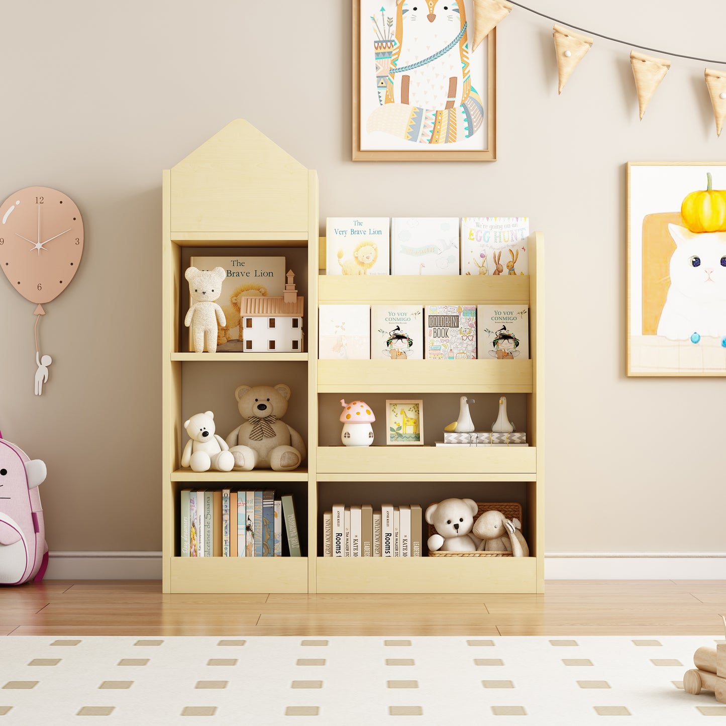 Wooden Toy & Book Organizer with Adjustable Shelf, Yellow
