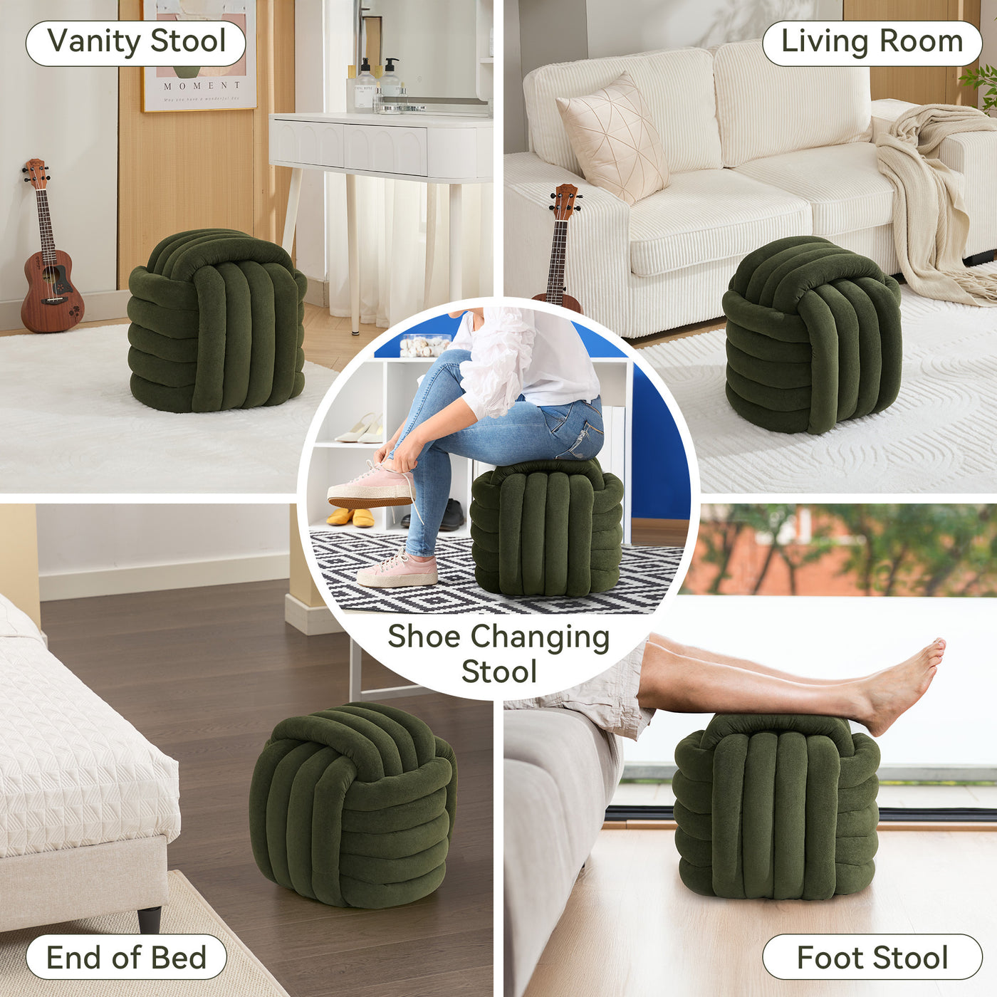 Darien Modern Chenille Knot Design Ottoman, Green