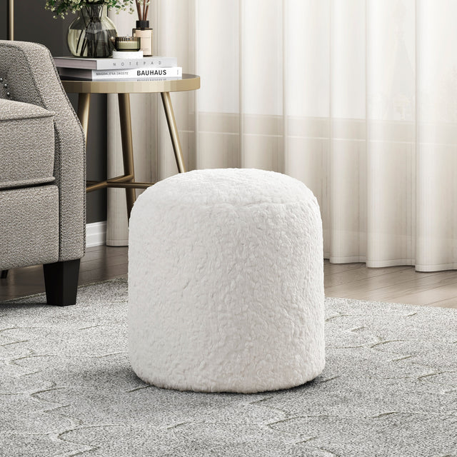 Modern Pouf Off-White Faux Fur Fabric Upholstered Ottoman