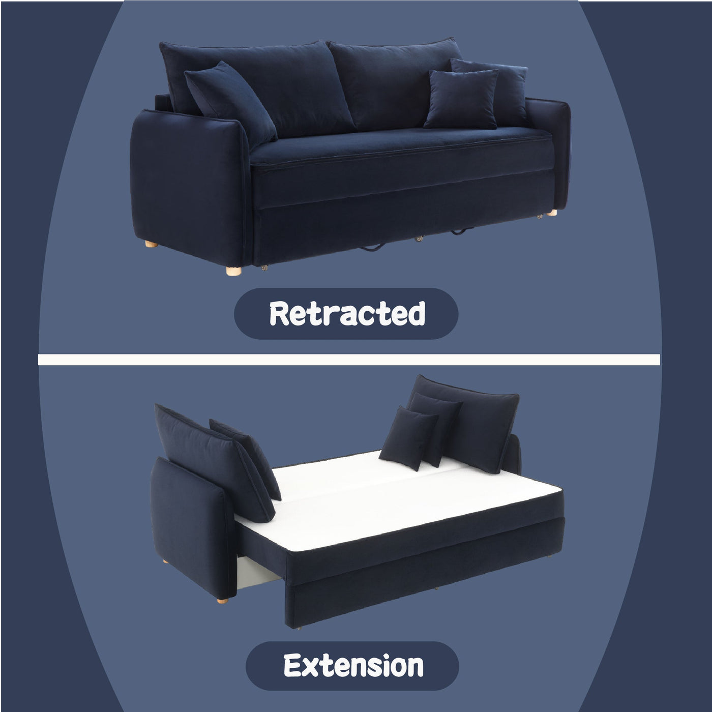 Irina Blue Velvet Sleeper Sofa w/ 3 Toss Pillows