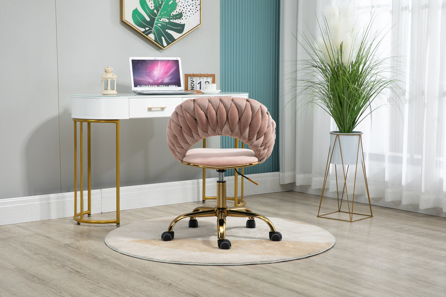 Tempo Linen Swivel Office Chair with Gold Base - Pink