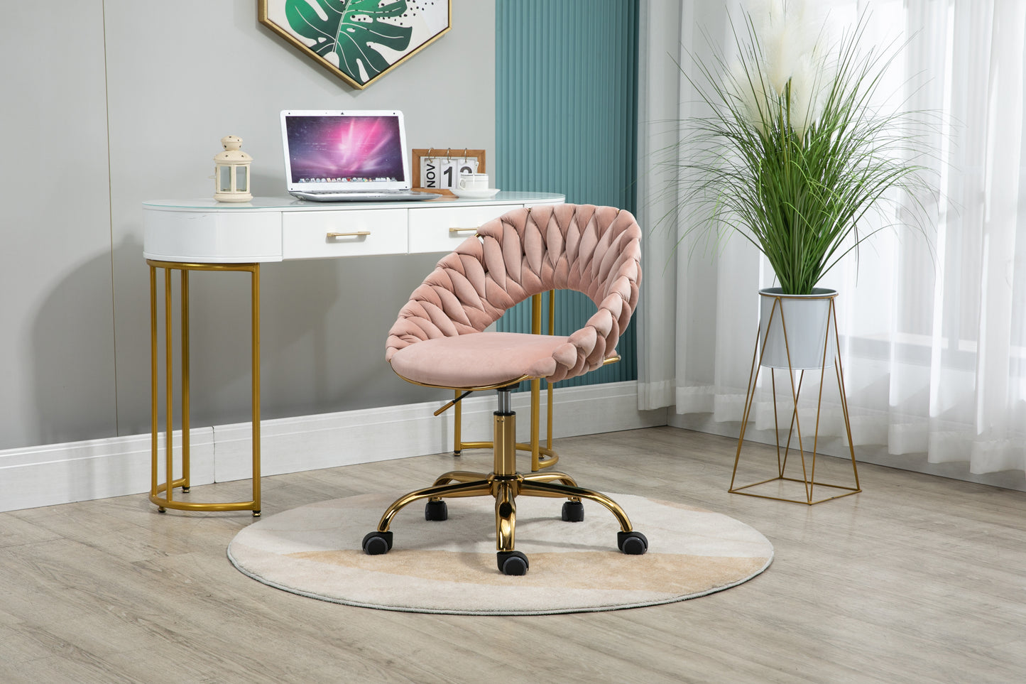 Tempo Linen Swivel Office Chair with Gold Base - Pink