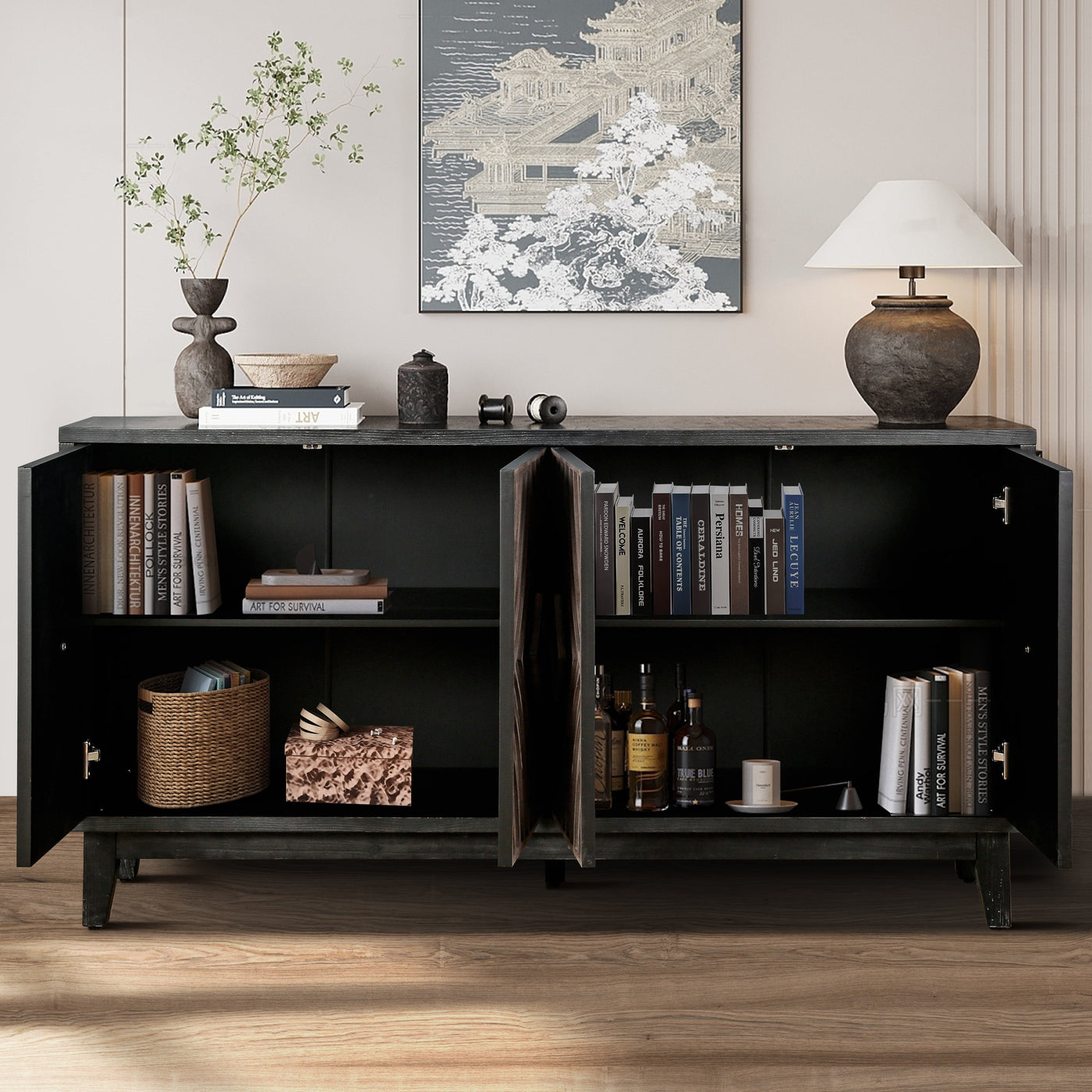 Stark Mid-Century Sideboard Buffet Cabinet with Solid Wood Legs 60"