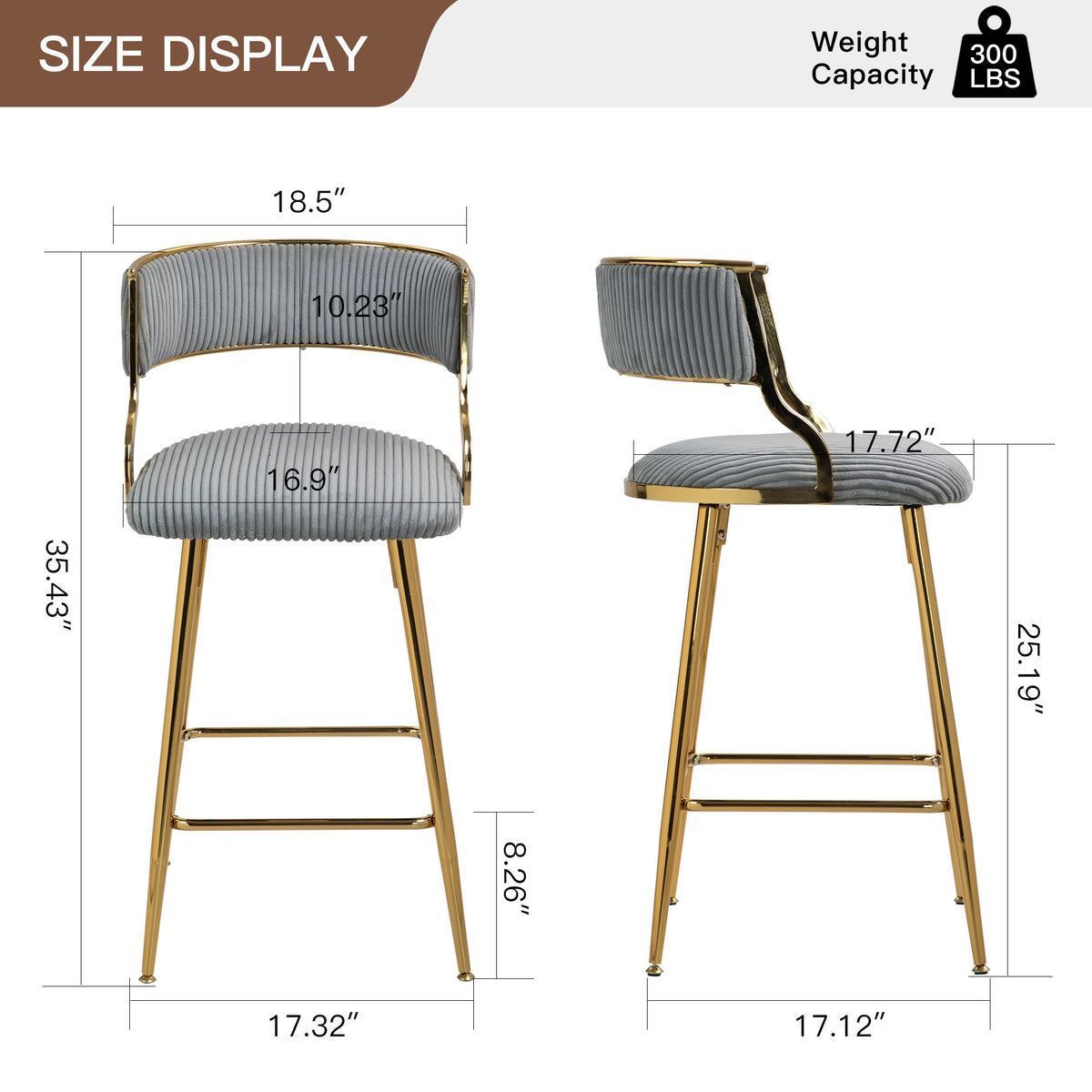 Stylish Corduroy 26" Counter Height Bar Stool with Back and Golden Chrome Base Set of 2 Grey
