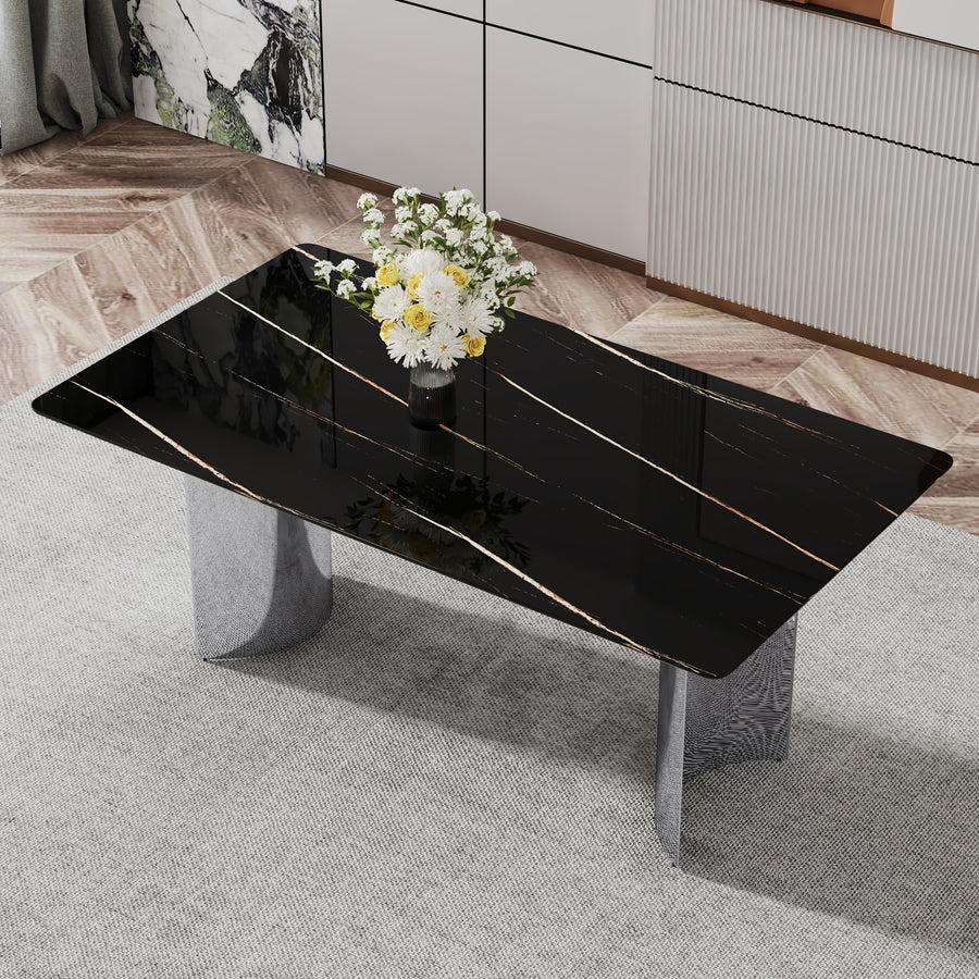 Sasha Modern Faux Marble Dining Set the Silver Legs - Black & Silver