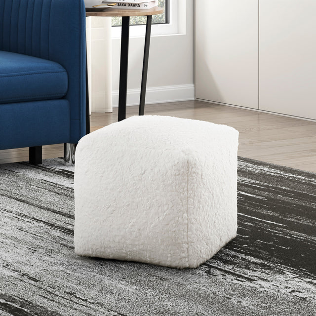 Modern Square Pouf Off-White Faux Fur