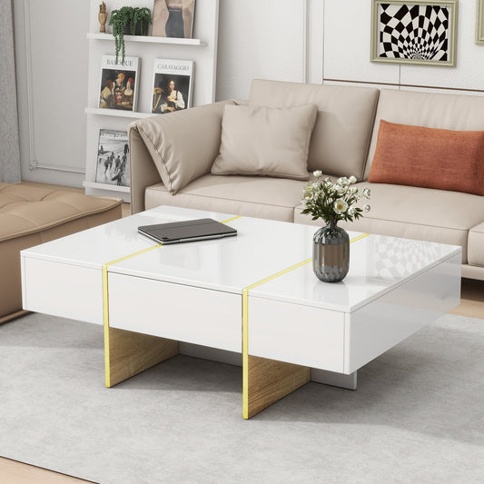 Beline Modern High Gloss Coffee Table with 2-Drawers, White & Gold