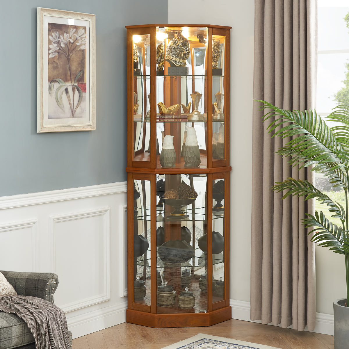 Irene 6-Shelf Corner Curio Cabinet with Adjustable Shelves, Oak