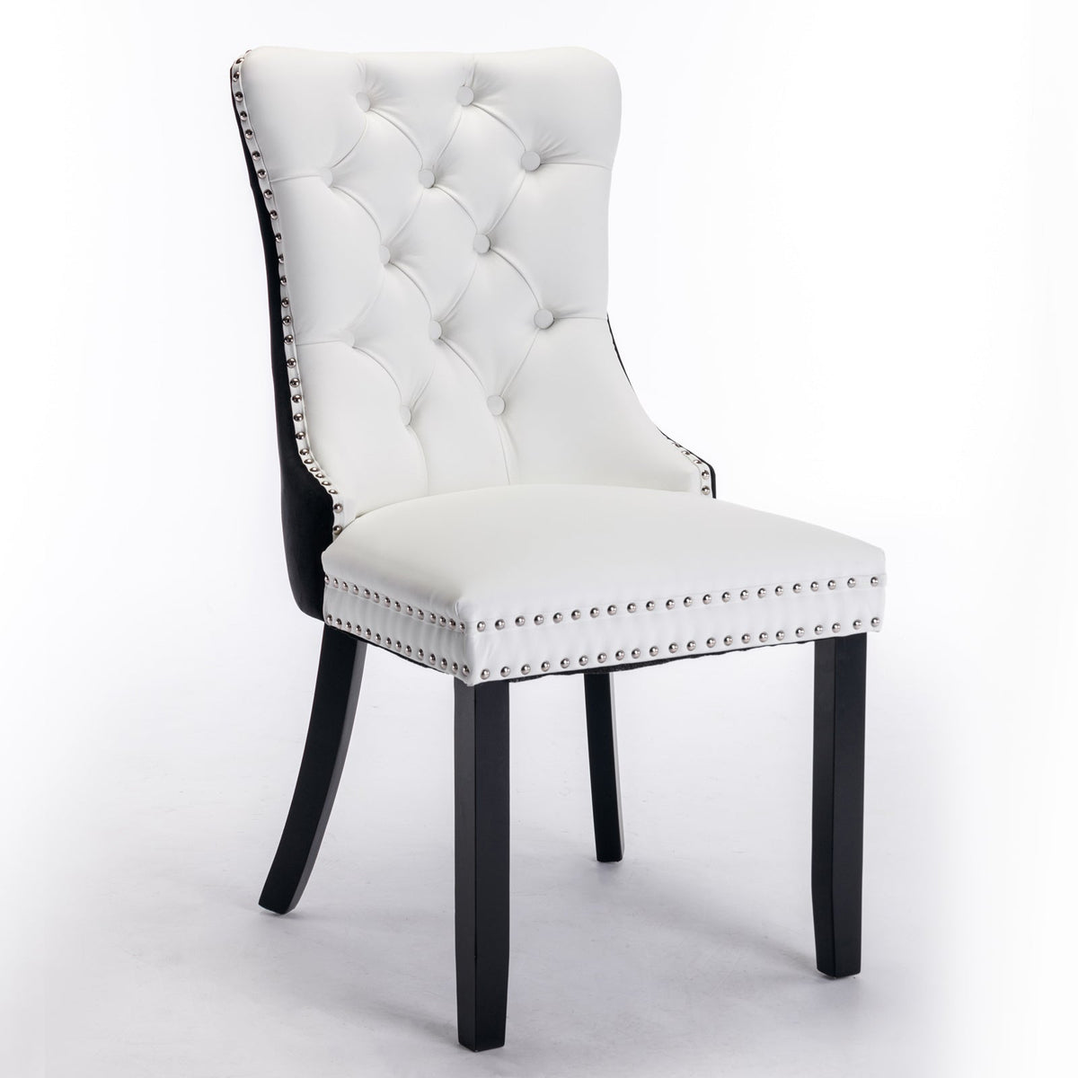 A&A Furniture Nikki Collection Tufted Faux Leather & Velvet Dining Chair with Nailhead Trim Set of 2 White/Black