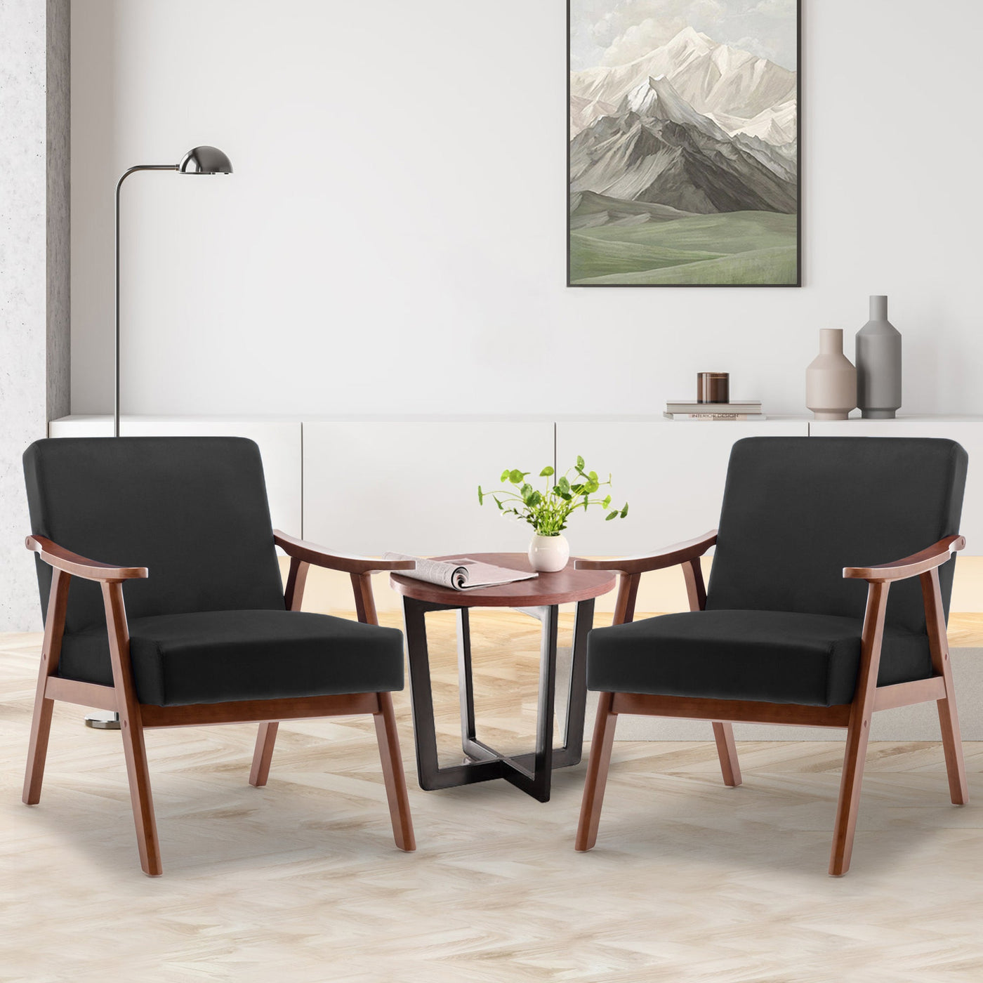 Lyraea Mid-Century Modern Black Velvet Wingback Accent Chair