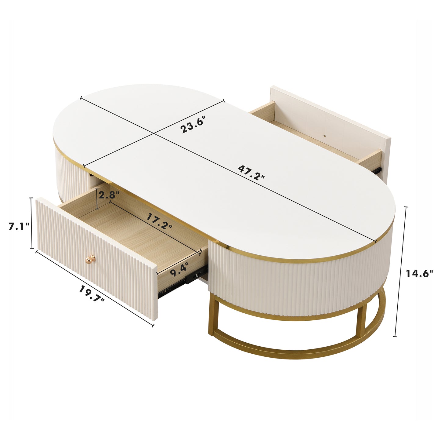 Sedona Modern Oval Coffee Table with 2 Large Drawers, White & Gold