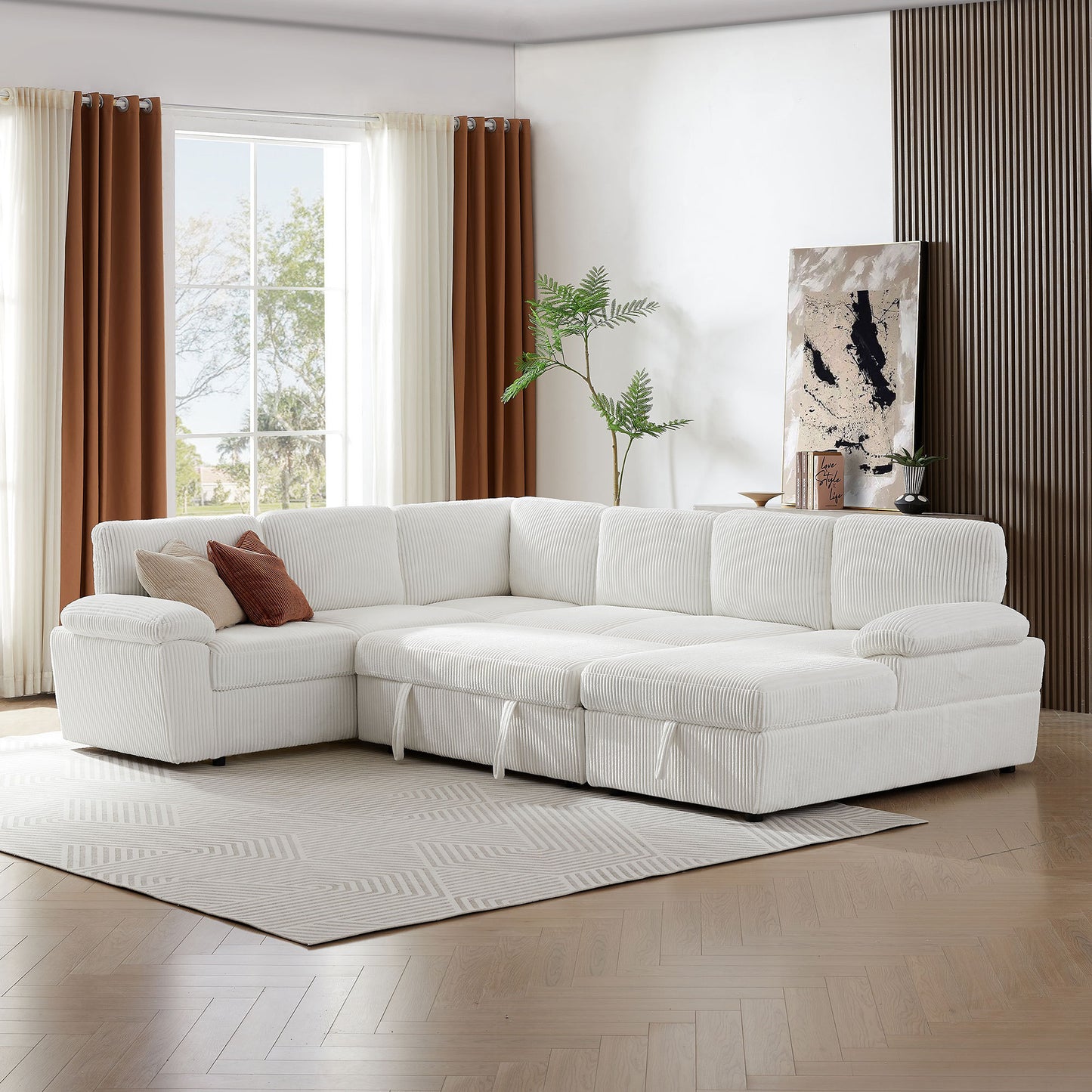 Lorcan Modern Oversize Corduroy Sleeper Sectional, White