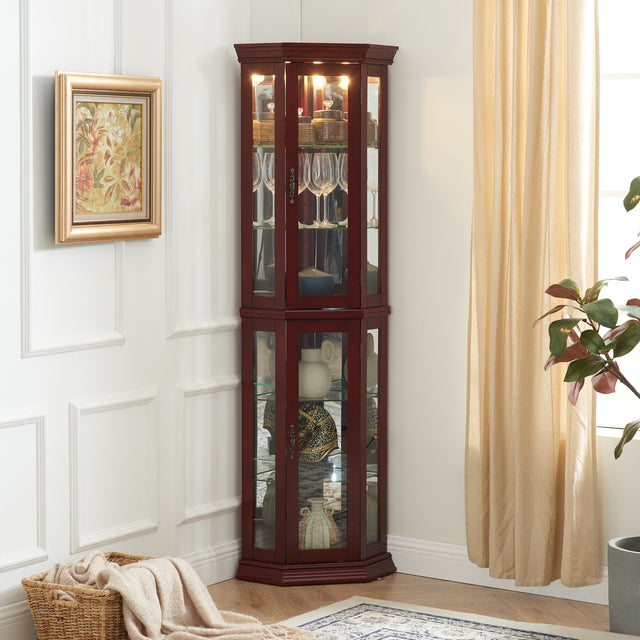 Edith Traditional Corner Curio Cabinet with Mirrored Back, Cherry