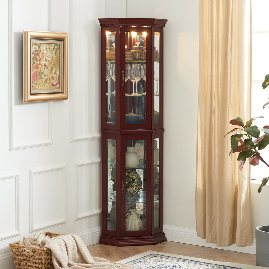 Edith Traditional Corner Curio Cabinet with Mirrored Back, Cherry