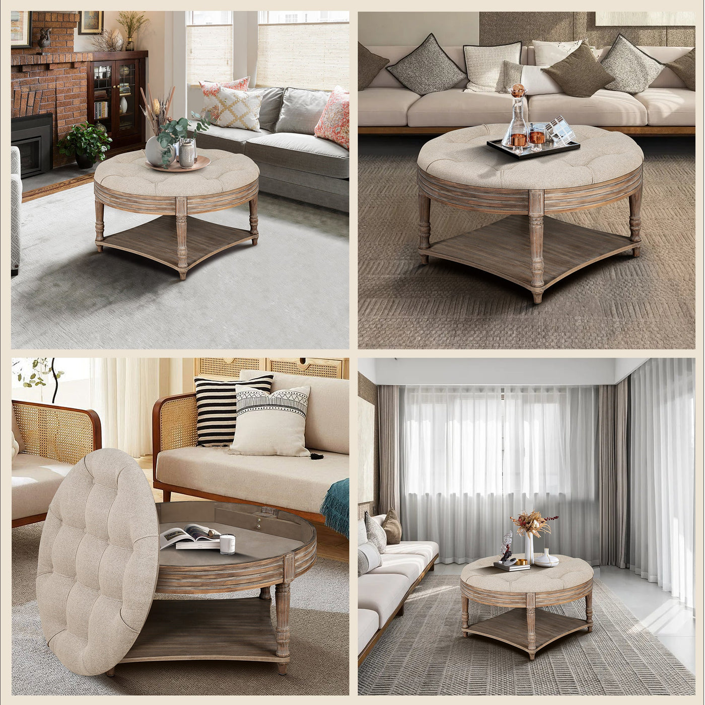 Hartford Large Round 2-Tier Ottoman Coffee Table with Tufted Linen Top