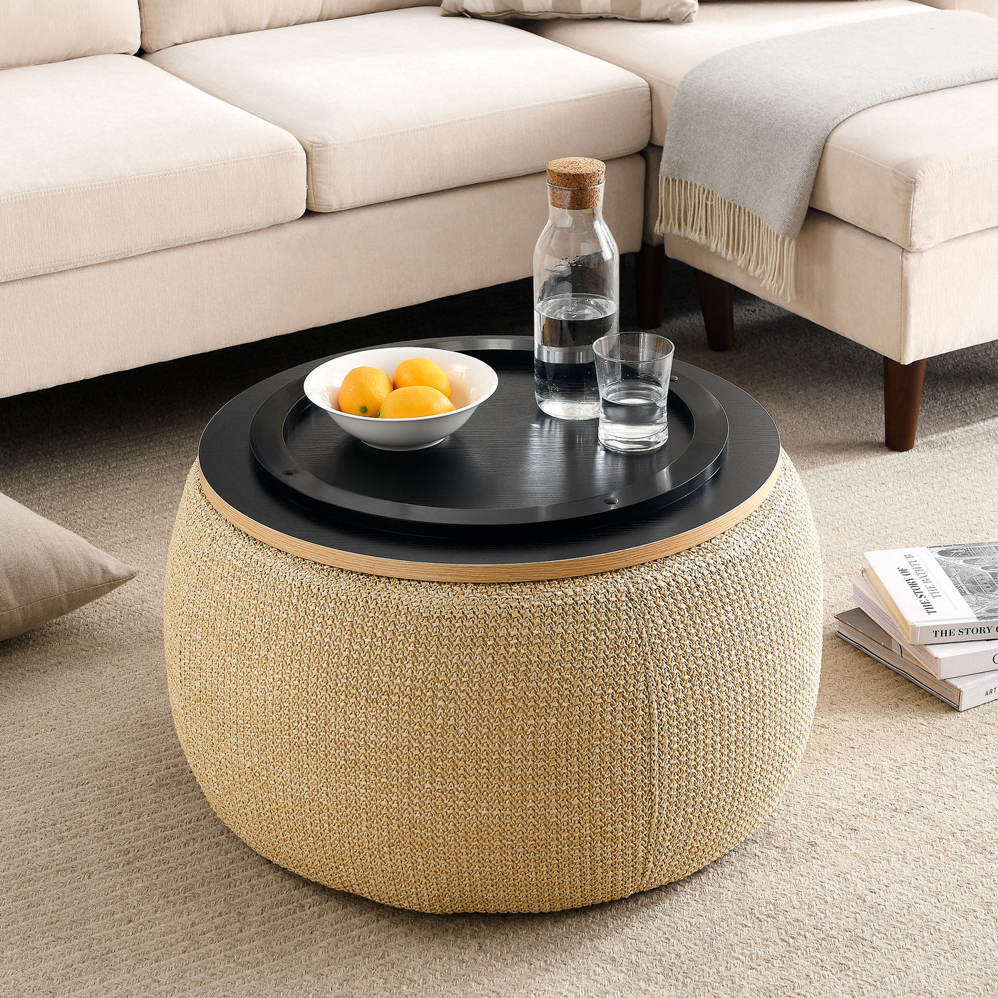 Jules Woven Rattan Round Storage Ottoman in Natural Finish