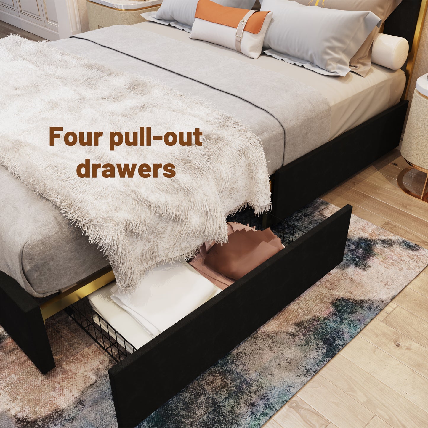 Amaryllis Modern Velvet & Metal Platform Bed, Black & Gold