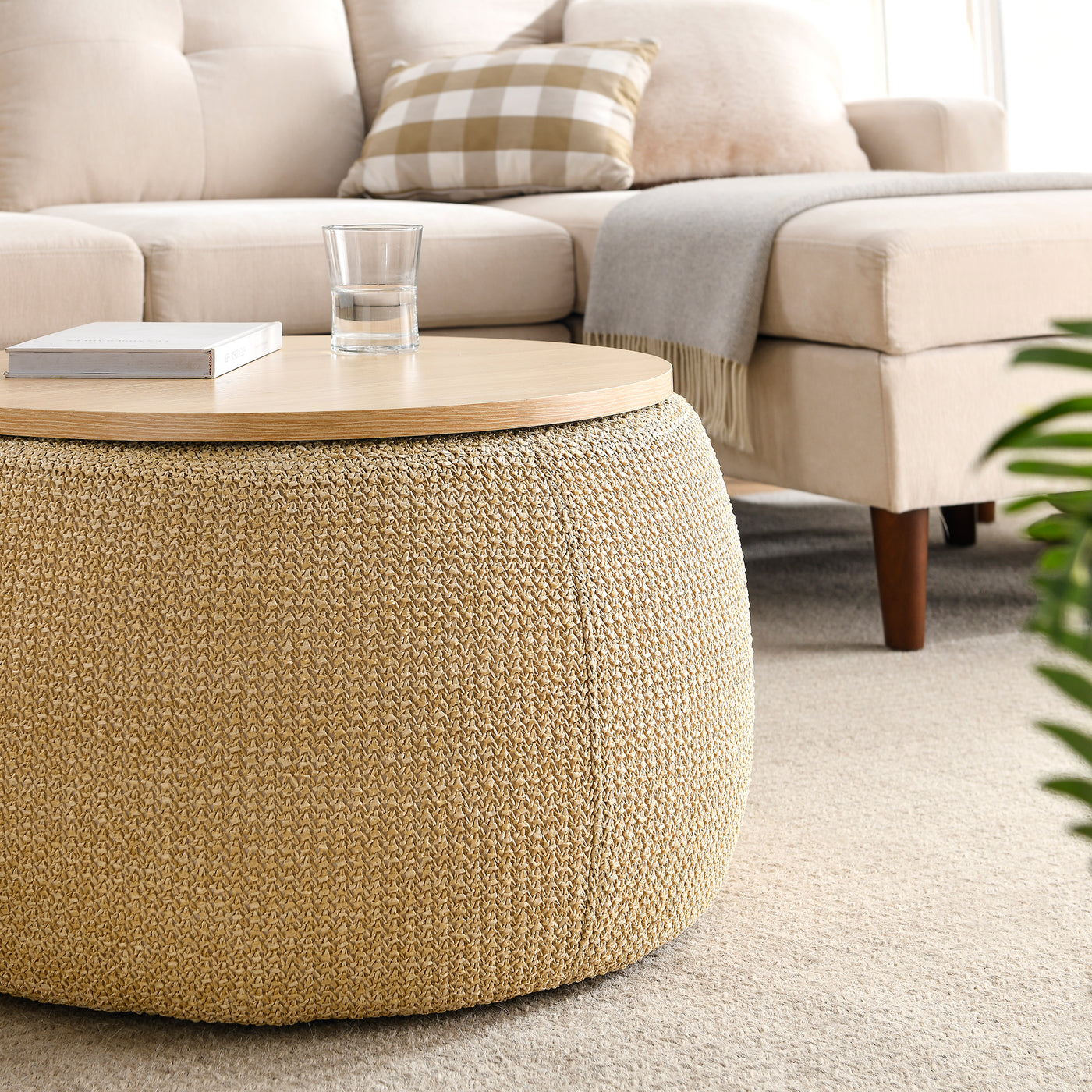 Jules Woven Rattan Round Storage Ottoman in Natural Finish