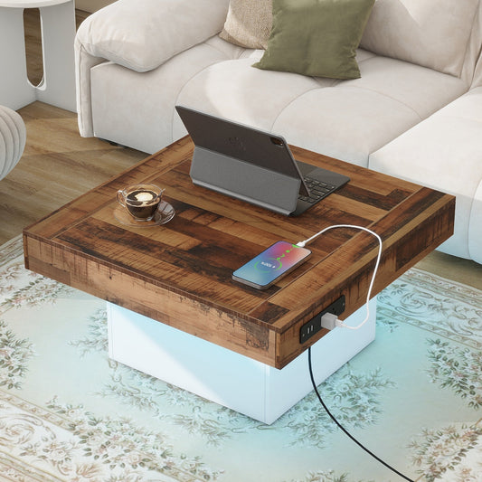 Damaris Farmhouse Coffee Table with USB Ports, Brown