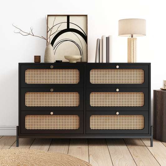 Dalton Mid-Century Modern 6-Drawer Dresser - Black & Rattan