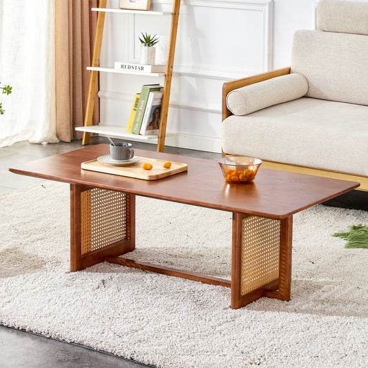 Marshal Mid-Century Modern Coffee Table with Rattan Legs, Walnut