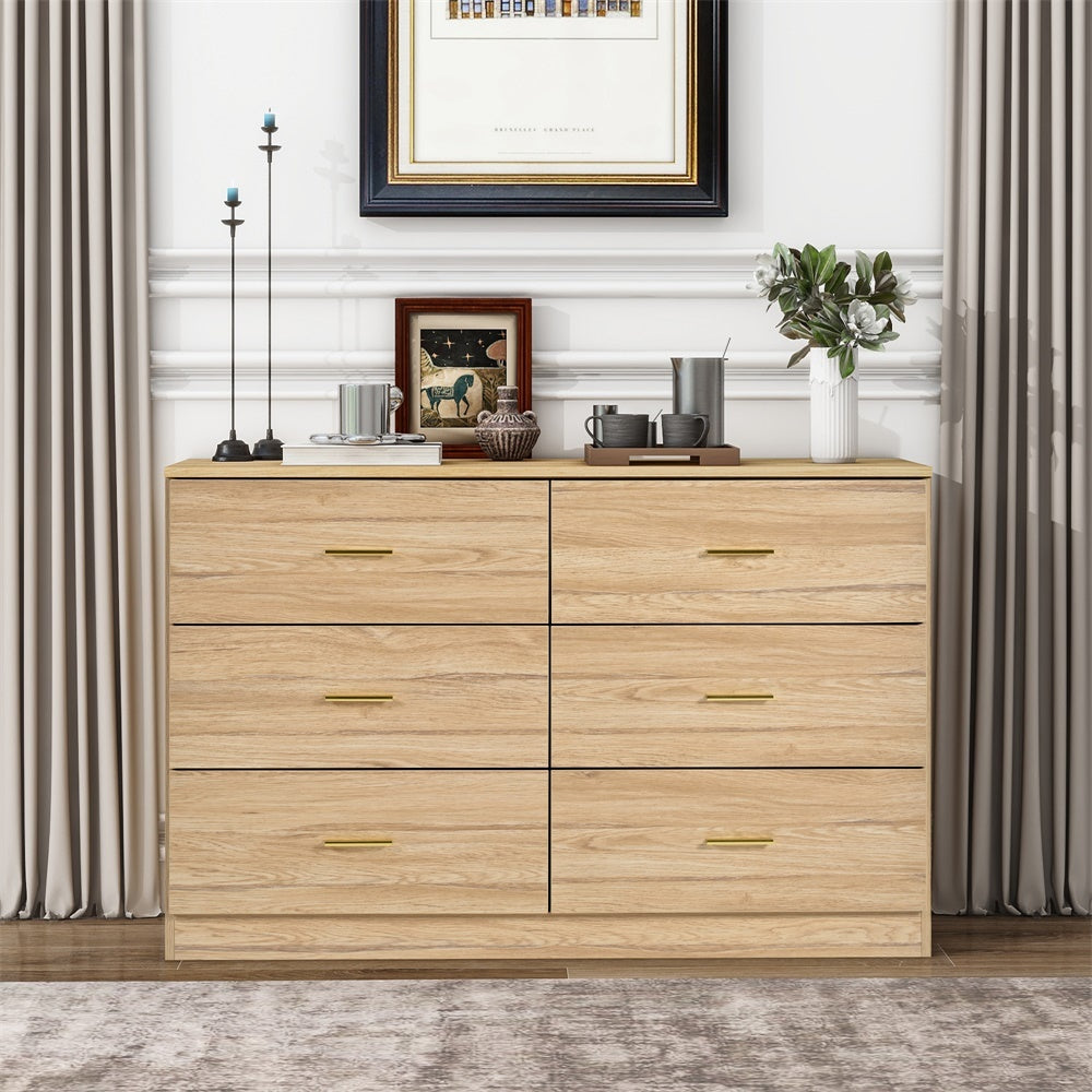 Eliana Modern 6-Drawer Dresser with Gold Handles, Natural