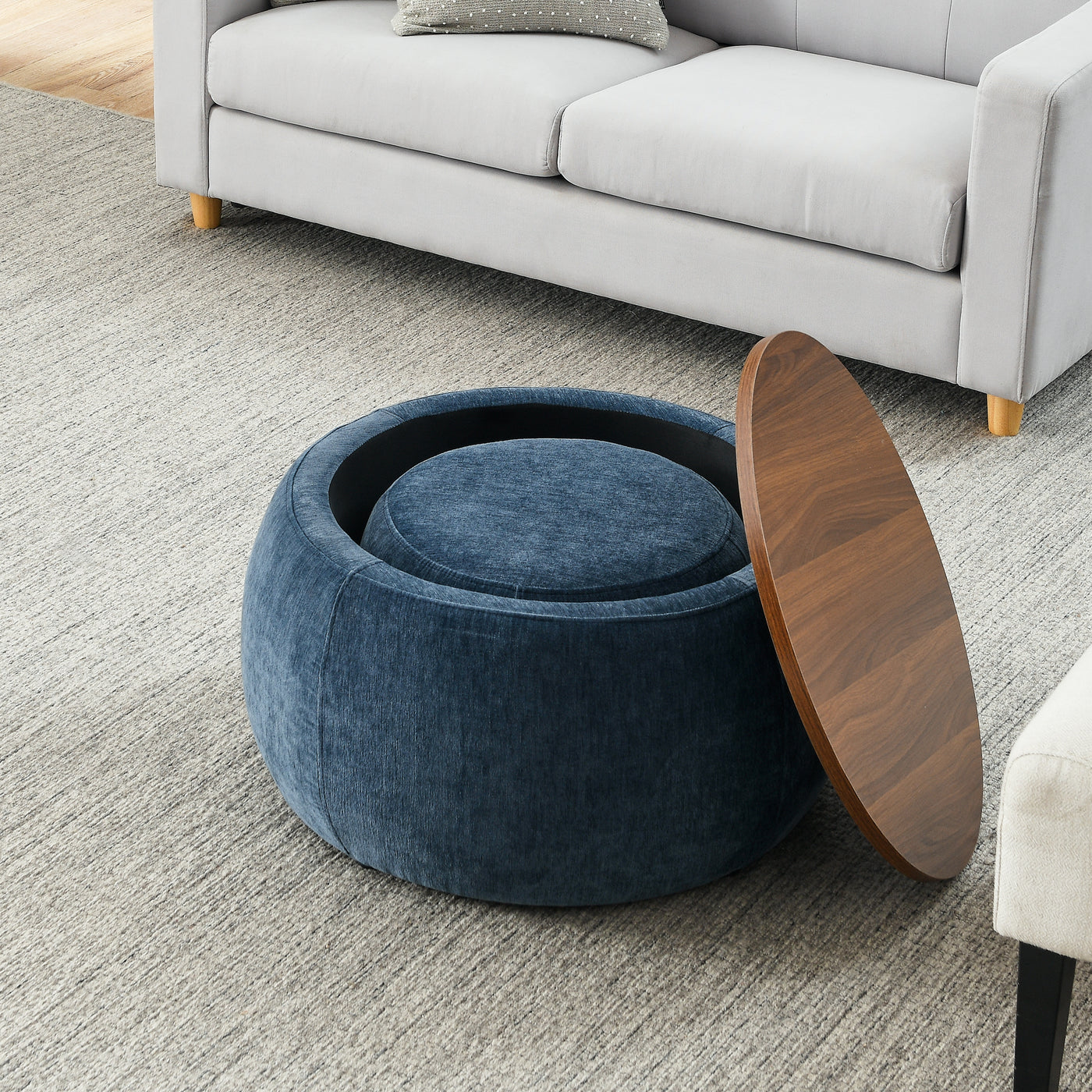 Jules 2-PC Upholstered Storage Ottoman Set with Wood Top, Blue