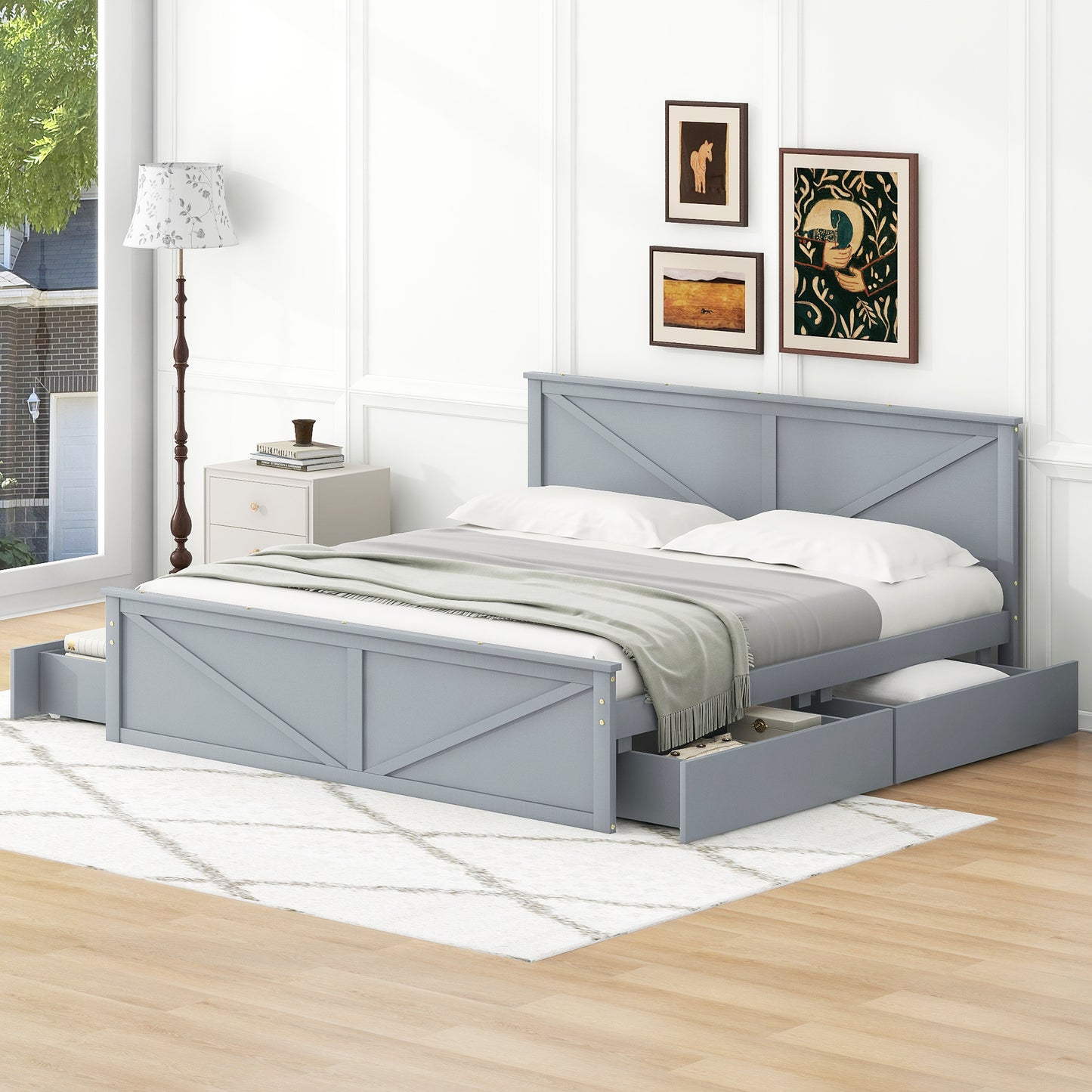 Rita King Size Platform Storage Bed with 4 Drawers - Gray