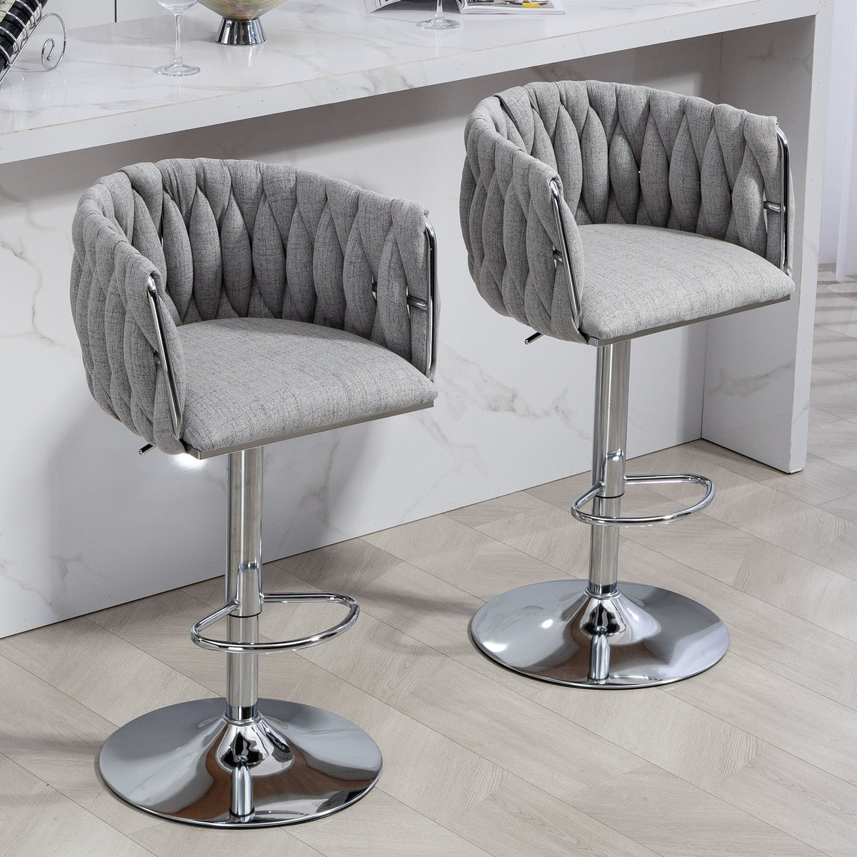 Stylish Gray Fabric 360 Swivel Bar Stools with Woven Back and Adjustable Height Set of 2 Grey
