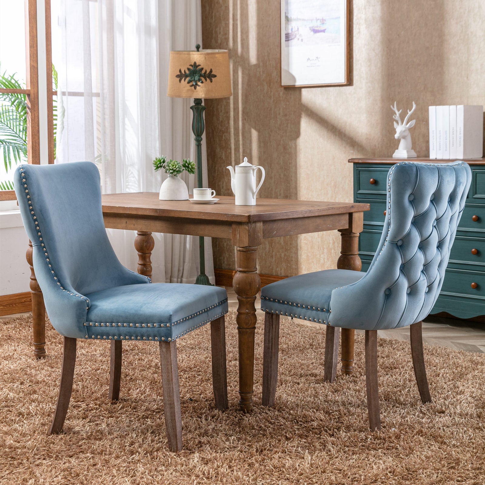 Isolde Velvet Wingback Side Chairs with Weathered Legs, Blue