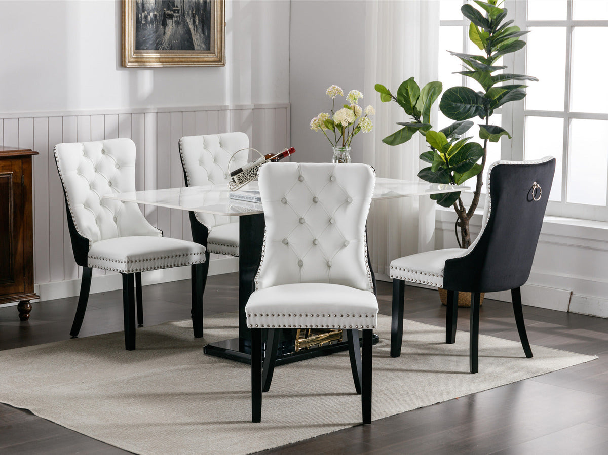 A&A Furniture Nikki Collection Tufted Faux Leather & Velvet Dining Chair with Nailhead Trim Set of 2 White/Black