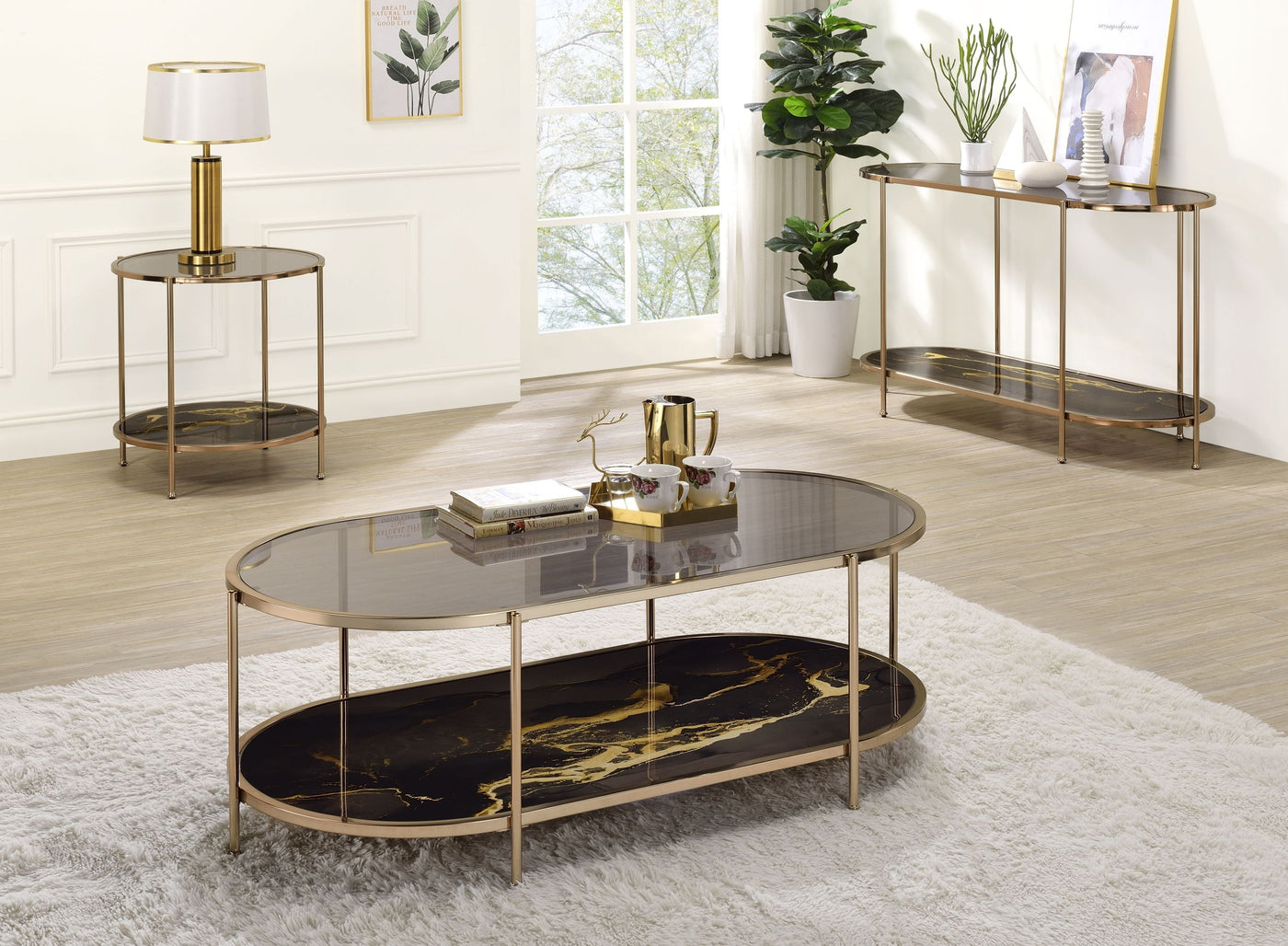 Fiorella Black Marble Print, Glass & Champagne Finish End Table