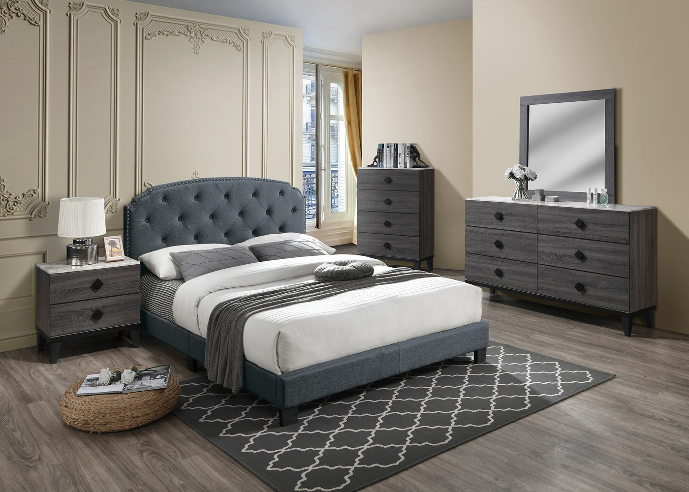 Mitchell Contemporary Nightstand with Faux Marble Top, Gray