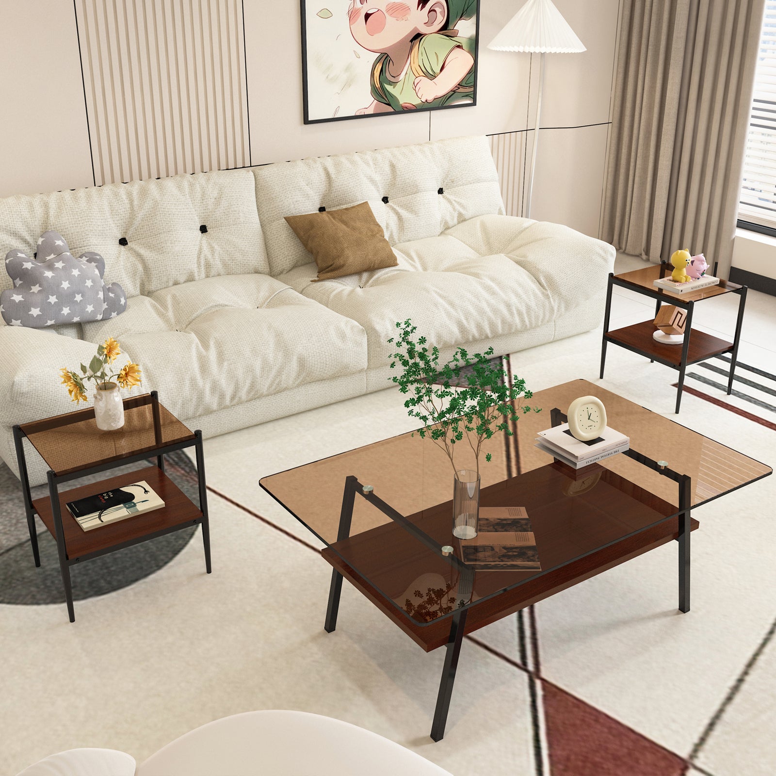 Penn Modern 3-Piece Accent Table Set with Brown Glass