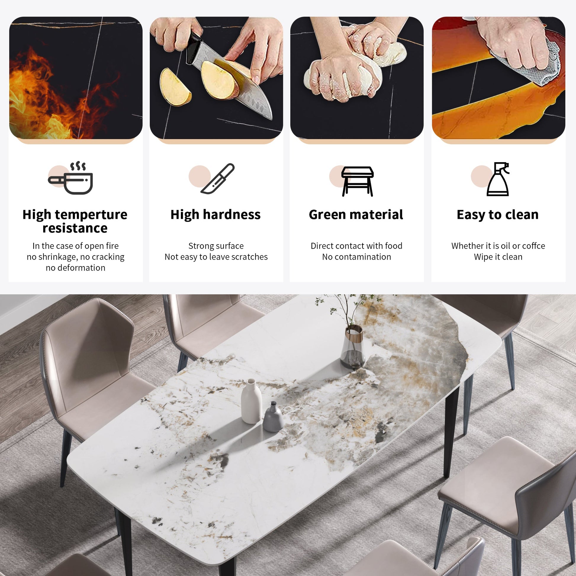 Misty 70.87"Modern Pandora White Sintered Stone Dining Table with Black Legs