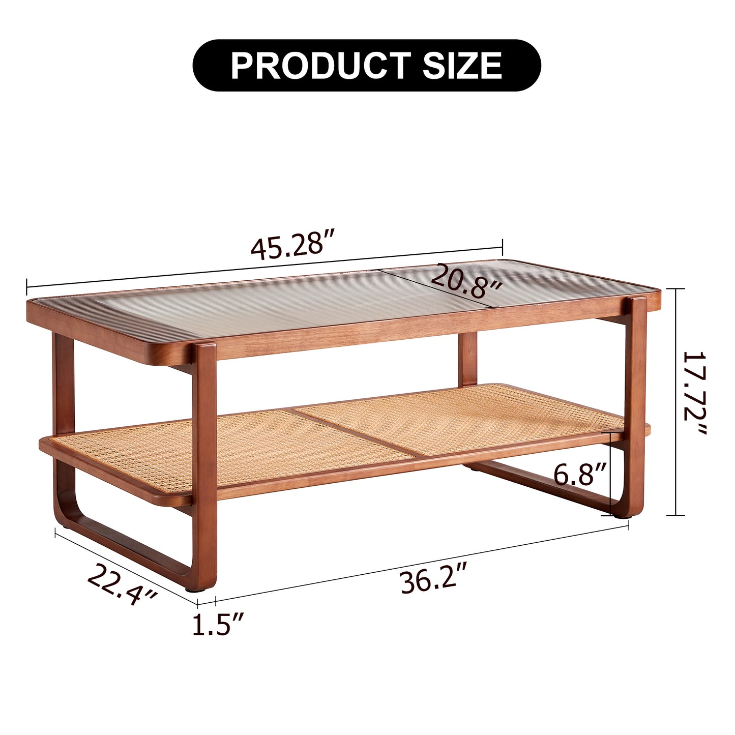 Baylor Mid-Century Modern Glass Top Coffee Table with Rattan Shelf, Walnut