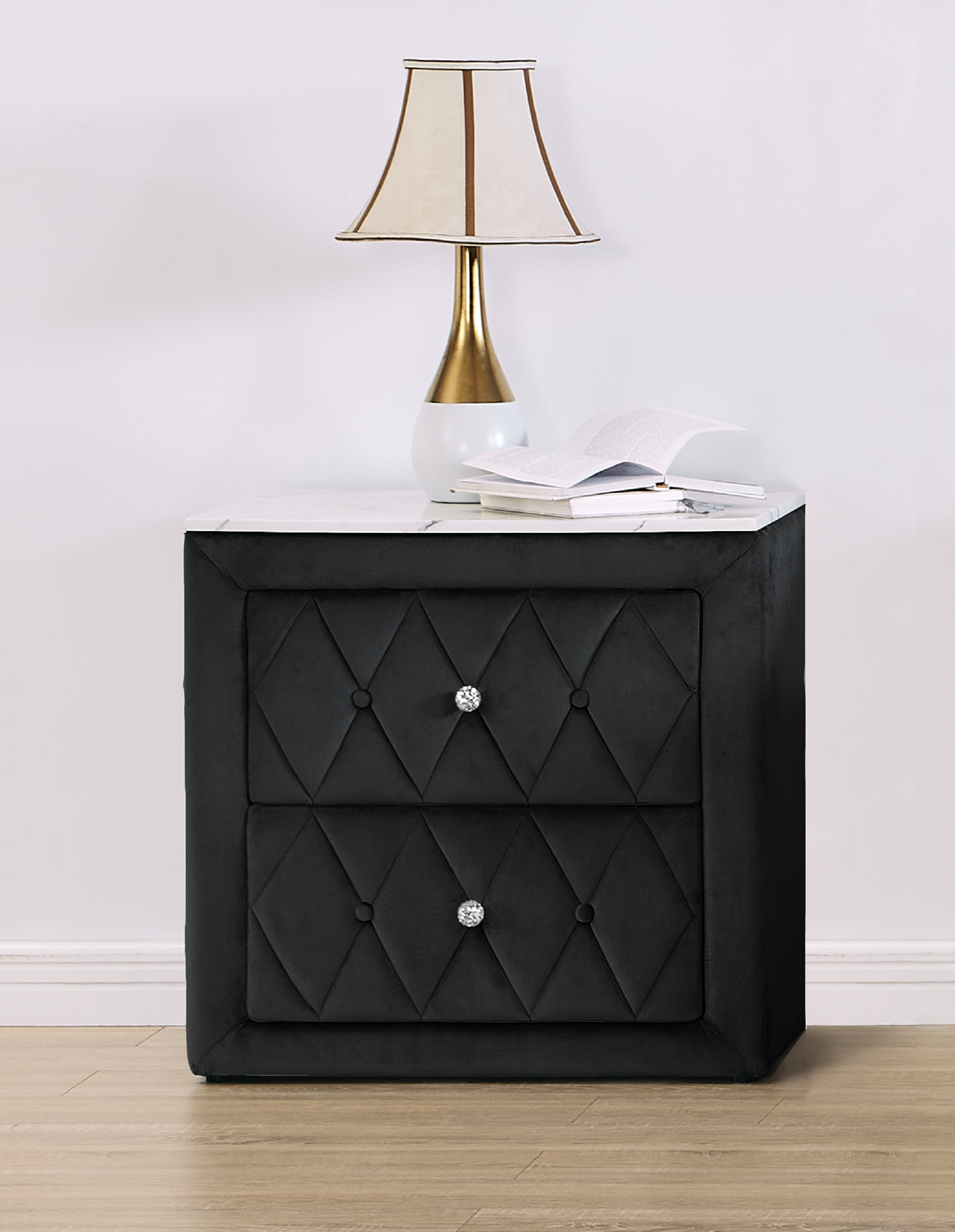 Lela Modern Velvet & Faux Marble Top Upholstered Nightstand, Black