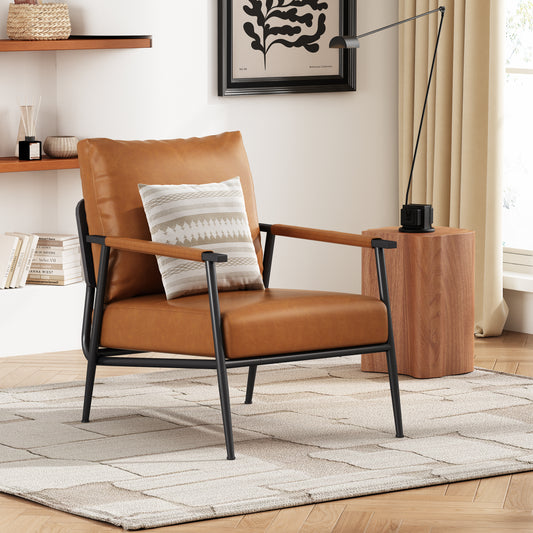 Ashby Mid-Century Modern Faux Leather Accent Chair with Metal Frame, Brown